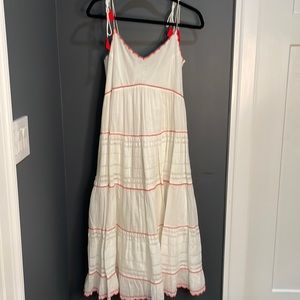 Velvet white lined cotton maxi dress with salmon detailing and ties